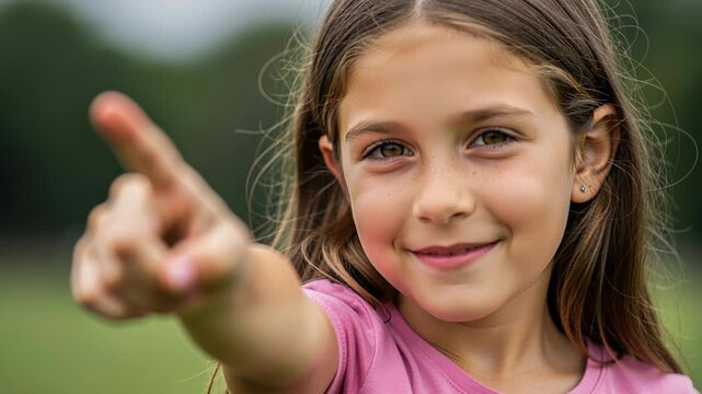 A Young Girl Points Forward: A joyful young girl with long brown hair and sparkling eyes smiles as she points forward with her index finger, conveying curiosity and confidence.