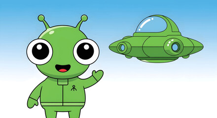 Obraz premium Cartoon alien character with spaceship.