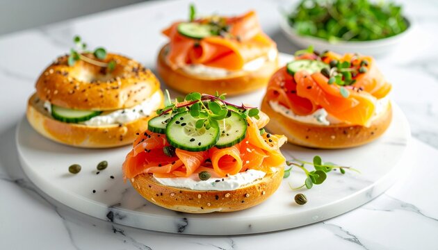 Elegant bagels with lox served on a marble table in a modern luxury caf&eacute;, smoked salmon arranged in delicate folds, cream cheese, cucumber slices