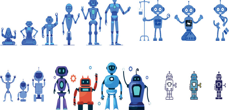 Robot Character Illustration Featuring Technology and Decorative Scenes in Vector Artwork