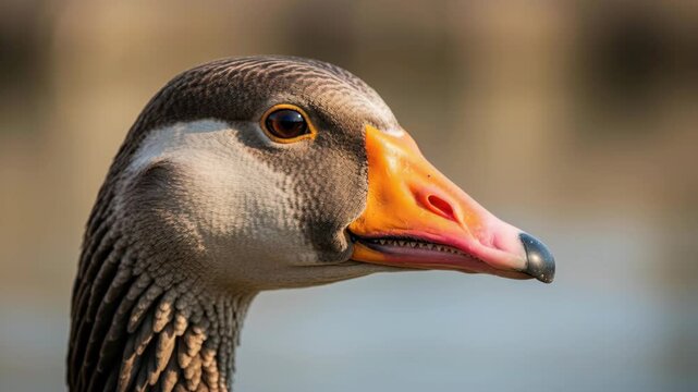 Close-up Portrait of a Goose: A detailed headshot captures the distinctive features of a goose, including its textured feathers, observant eye, and bright orange beak, set against a soft.
