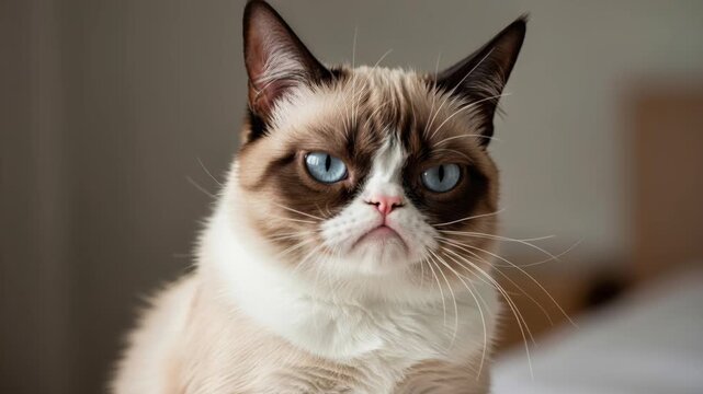 Grumpy Cat Portrait: A close-up portrait of a cat with a distinctively grumpy expression, showcasing its blue eyes and characteristic facial markings.