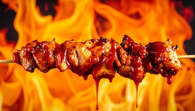 Spicy BBQ chicken skewers dripping hot sauce over flames