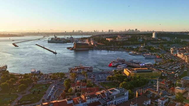 Aerial view of Kadikoy waterfront in Istanbul Turkey with Bosphorus sea, urban skyline, boats and city landscape during golden hour, panoramic travel destination view