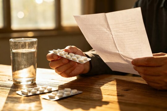 Medication Pills and Prescription Paper on Wooden Table