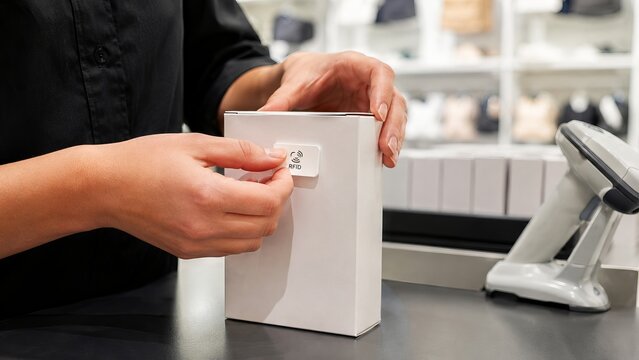 Woman cashier attaching rfid security tag on product box at shop counter. Anti theft protection and asset tracking system for retail store inventory management and stock control