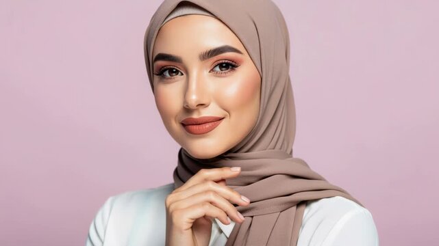 Beautiful Muslim Woman Smiling: A young, beautiful Muslim woman wearing a beige hijab and a white shirt smiles gently, with a soft pink background. Her makeup is subtle and elegant.