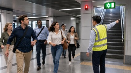 Fototapeta premium Security guard directing office workers to emergency exit during building evacuation. People rushing toward safety staircase following instructions of safety marshal in office building