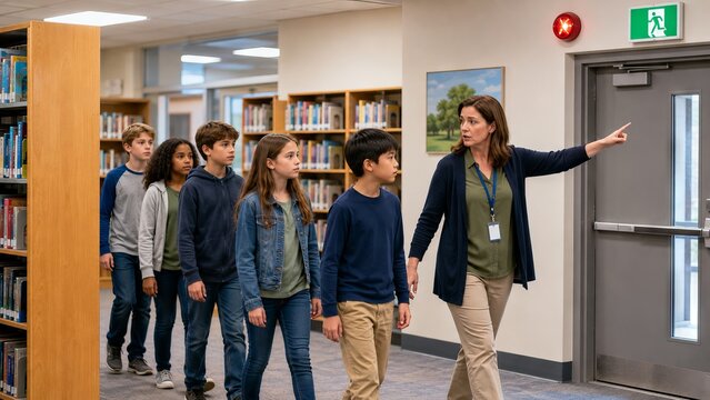 Woman teacher leading group of children in line during school emergency evacuation drill. Pupils walking through library towards exit sign. Educational safety training and practice