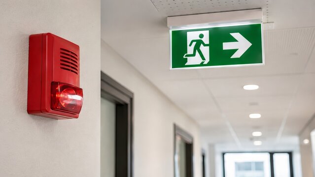 Exit sign with green indicator above fire alarm strobe in office hallway. Emergency evacuation protocol and safety equipment in public building. Regulation for fire prevention and security