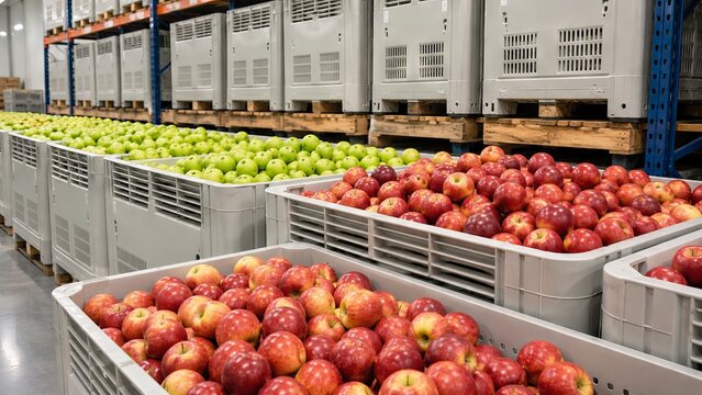 Fresh red and green apple harvest stored in large plastic crates inside industrial warehouse. Agricultural supply chain logistics and food production facility for wholesale distribution