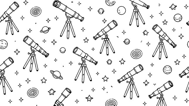 Repeating pattern of telescopes and celestial objects.