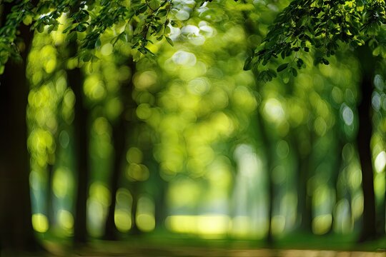 A soft, blurred photograph captures the serene beauty of a sun-dappled forest, with vibrant green hues and a gentle bokeh effect creating a tranquil atmosphere.