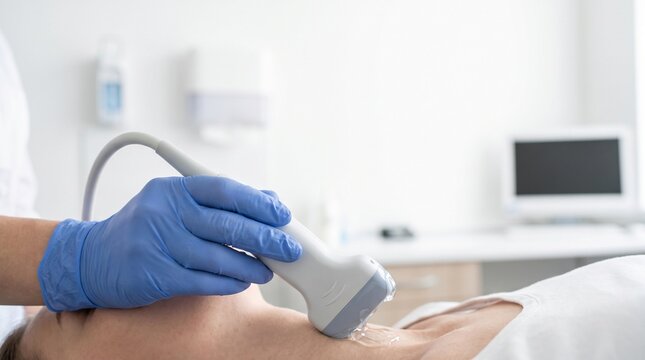 Clinician performing thyroid ultrasound on patient&rsquo;s neck with gel, close-up endocrine diagnostics and cervical sonography in a clean clinic.