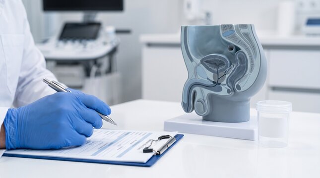 Doctor completing medical form beside male pelvic anatomy model and urine sample cup in clinic, urology consultation and prostate health diagnostics concept.
