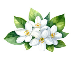 Naklejka premium Watercolor depiction of delicate white flowers with yellow centers, surrounded by vibrant green leaves