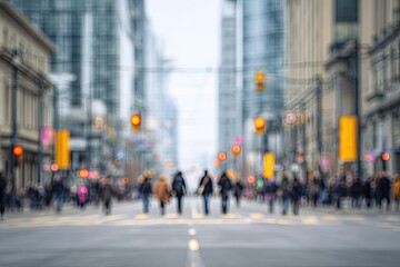 Fototapeta premium A blurred, dynamic cityscape captures the bustling energy of pedestrians crossing a busy street amidst towering buildings.