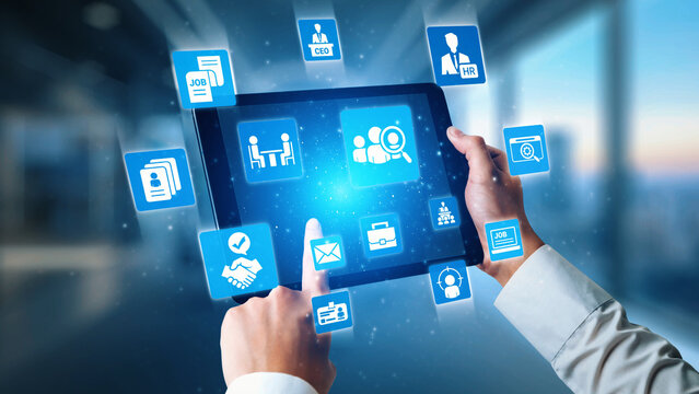 Job search icons show recruitment, HR management, and employee career growth. Job search helps organizations hire talent, job search supports skills, and job search improves workforce. Gist
