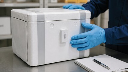 Fototapeta premium Logistics worker preparing temperature controlled shipping box with digital sensor for cold chain distribution. Smart packaging technology for secure pharmaceutical or food delivery