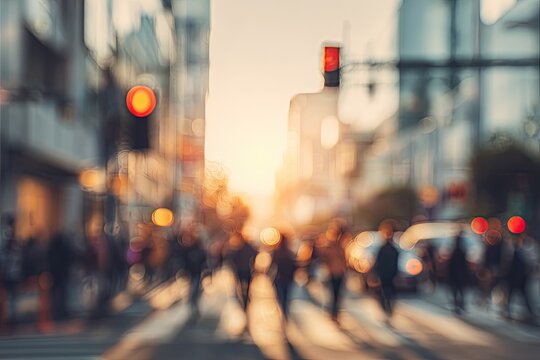 A blurred, abstract cityscape captures the movement of pedestrians crossing a busy street, bathed in warm, diffused light.
