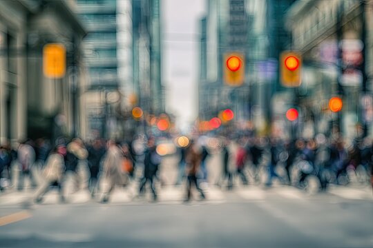 A blurred, dynamic cityscape captures the energy of a bustling urban intersection with pedestrians crossing and traffic signals glowing.