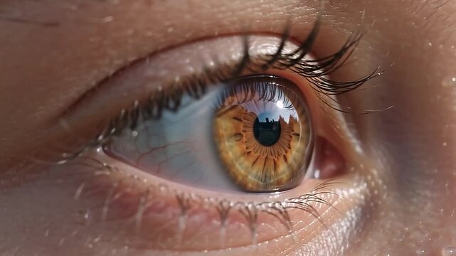 Side macro angle perspective of a glowing golden brown iris looking upward towards soft light lines displaying beautiful eye structures, subtle light refraction across the clean sclera, and focus curi