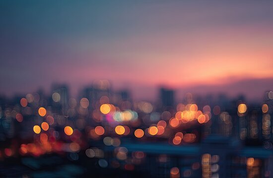 A blurred cityscape glows with warm light against a vibrant sunset sky, creating an abstract and atmospheric visual.