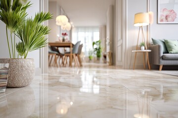 Fototapeta premium A bright and modern living room interior showcases a polished marble floor, a lush green plant, and a comfortable seating area bathed in warm, natural light.
