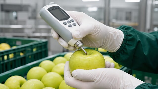 Quality assurance inspector checking ripeness of green apple in distribution center. Professional scientist measuring sugar level of fruit with refractometer for food safety control