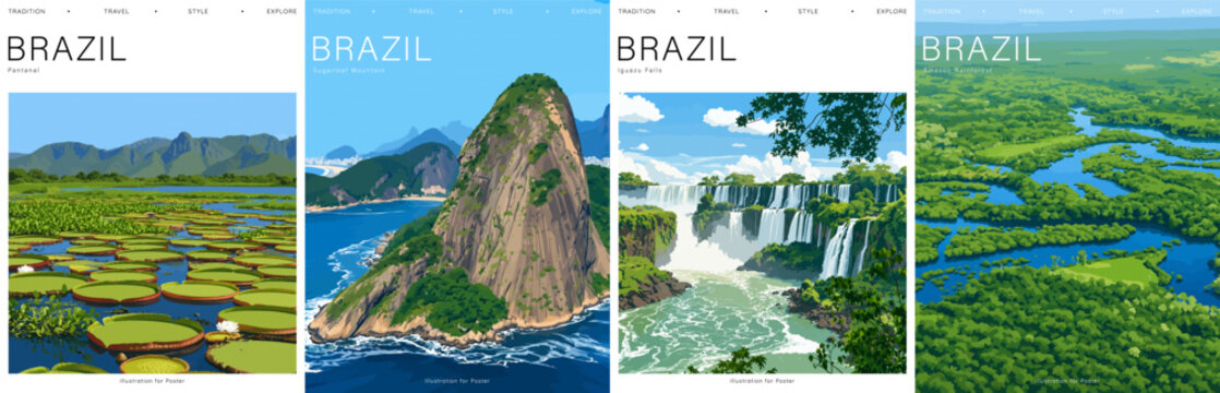 Vector post stamps of Brazil famous landmarks, mountain and forest. Colorful illustration of Brazil rainforest and tourist attractions. Covers for stamp, background, icons, stickers and advertisement.