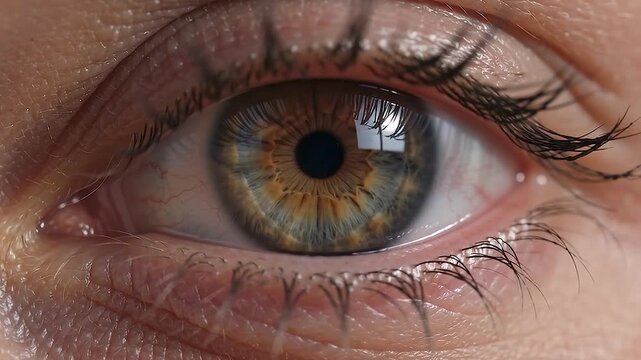 High magnification macro footage of a beautiful human iris with intricate yellow, green, and brown fiber patterns around the pupil center demonstrating unique biological structures, genetic traits, an