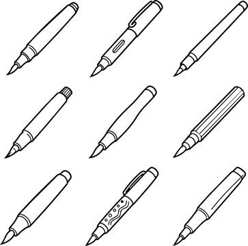 Set of assorted brush pens and markers in outline style