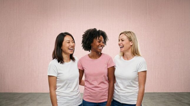 Three diverse women laughing together in pink and white t shirts supporting breast cancer awareness month