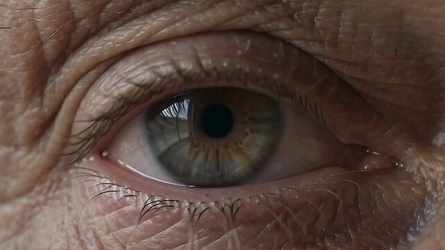 Close up portrait macro shot of a clear open grey green eye belonging to a mature adult showing fine micro textures of the iris and clean white sclera for ophthalmology healthcare or biometric identit