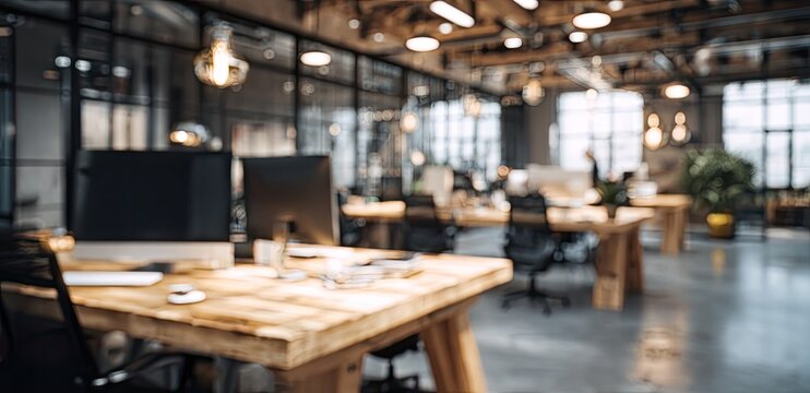A blurred, modern office space features rows of wooden desks, industrial lighting, and large windows, creating a collaborative and contemporary work environment.