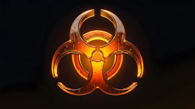 Glowing biohazard symbol with liquid texture and glowing edges evokes urgency and danger in dark studio lighting