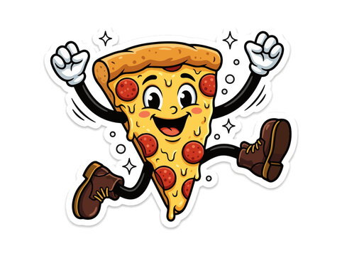 Happy cartoon pizza slice character jumping with excitement on white background