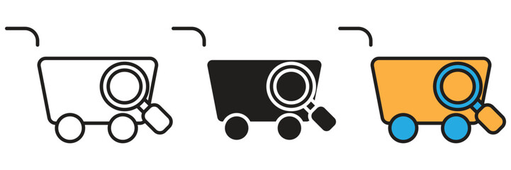 Mining Cart Search Icon. Vector icon of a mining cart combined with a magnifying glass representing search optimization in digital resource extraction. © sunaerih