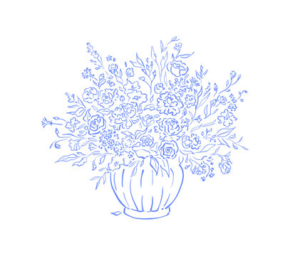 Coquette flower vase in soft blue ink line style. Cute bouquet as whimsical doodle icon with delicate bow accent. Floral pot decor as elegant frame for cafe menu card background or social media art