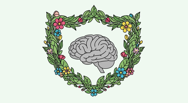 A human brain illustration framed by a decorative wreath of colorful flowers and green leaves.