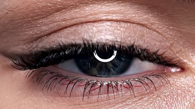 Close up macro view of a dark open eye with long black eyelashes and a clear circular ring light reflection inside the black pupil representing beauty blogging, professional studio photography lightin