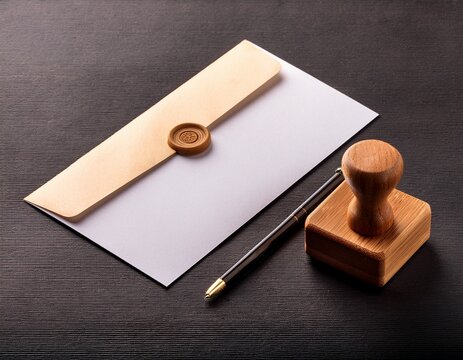 blank stationery mockup with paper envelope ink pad and wooden stamp for corporate branding identity design presentation
