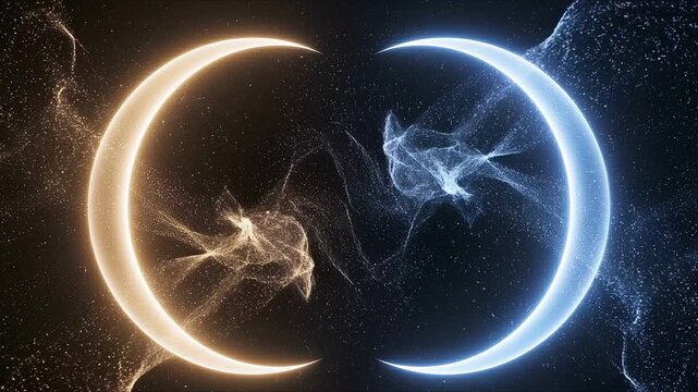 Glowing golden and blue energy rings colliding in deep space creating a dynamic particle motion effect for digital background animation