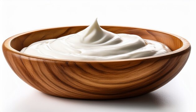 creamy yogurt or sour cream in wooden bowl isolated on white background