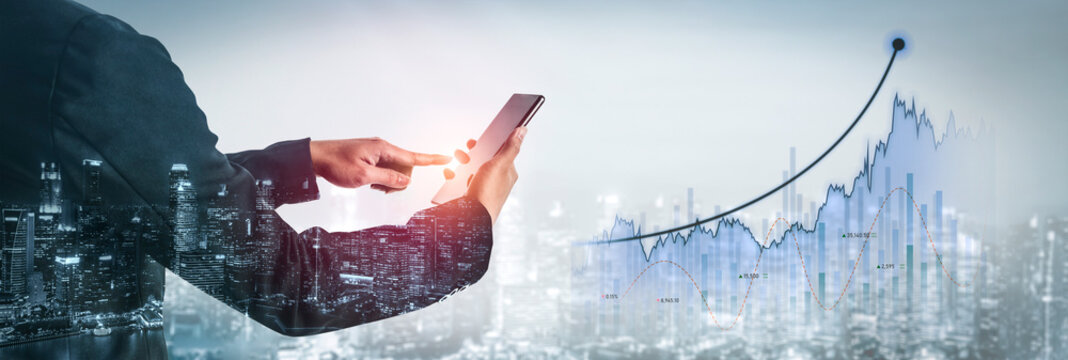 A businessman interacts with a smartphone to evaluate stock market data displayed visually, set against a dynamic city skyline that symbolizes modern finance and investment. Scalp