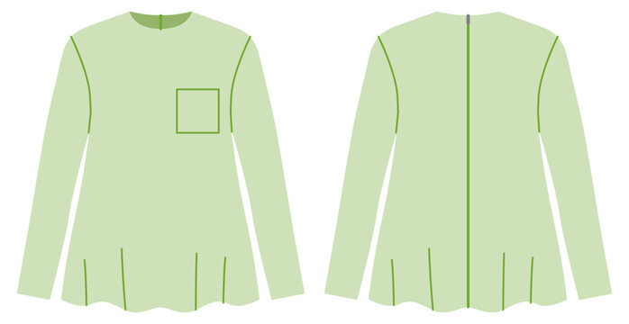 Light green long sleeve top with relaxed fit and flared hem shaping, clean neckline subtle structure. Technical fashion illustration in flat color, front back views, clean silhouette, modern apparel