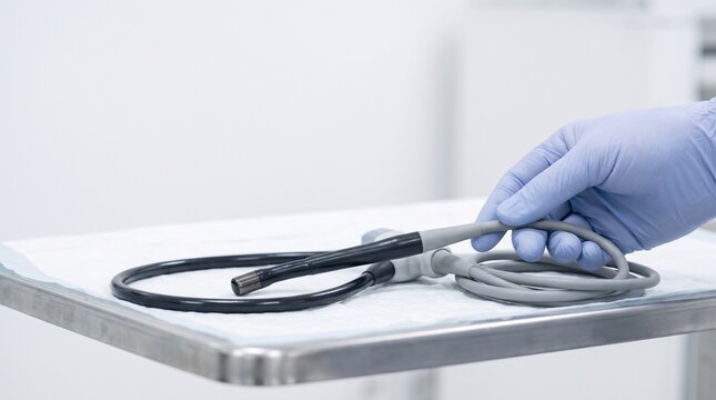 Gloved clinician preparing a flexible endoscope on sterile tray in a clean clinic, close-up medical device setup for endoscopy diagnostic procedure.