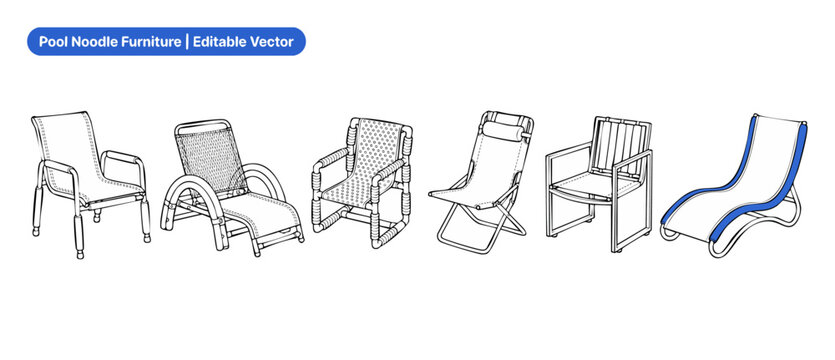 Pool noodle furniture vector line art set of outdoor patio beach lounge chairs isolated on white background, editable minimal contour drawing designs for summer backyard recreation DIY illustrations.