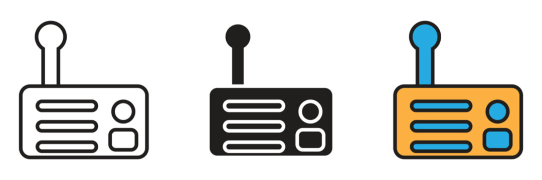 Wireless Internet Modem Router Vector Icon Set. Network transmitter device with an antenna and signal bars representing hardware broadband modem connection for internet access.