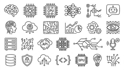 Obraz premium Minimalist AI & Neural Network Line Icon Collection Brain, Microchip, Machine Learning, and Smart Technology Vector Set